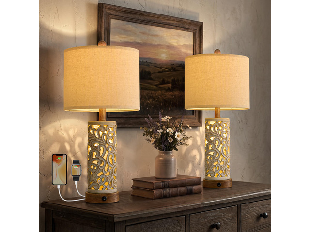22'' Table Lamp Set of 2 for Living Room,Farmhouse Lamp for for Bedroom,Vintage Retro Bedside Lamps with USB Ports Linen Shade for Home Office...