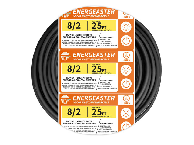 Stranded Indoor 8/2 NM-B Copper Cable with Ground 25FT, Black 25FT NMB Cable 8 Gauge Wire 2 Conductors 600V Bare Copper Non-Metallic Sheathed...