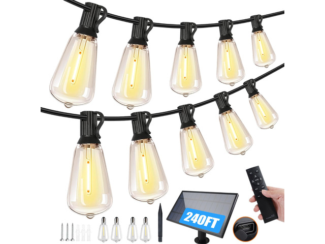 2 Pack 120FT Solar String Lights Outdoor,Solar Patio Lights Waterproof with Remote & 80+4 Dimmable ST38 Shatterproof LED Bulbs,Commercial Grade...