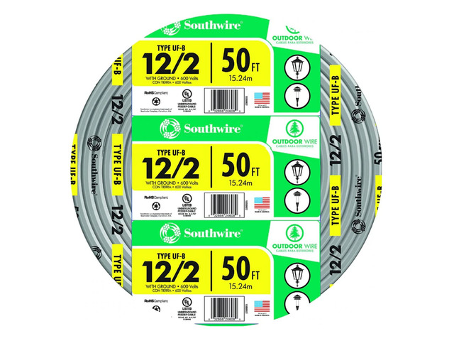 12/2 UF B Wire with Ground, 50 ft, Gray Solid Copper Direct Burial Cable for Outdoor & Underground Use, 600V