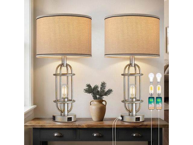 22.3Farmhouse Table Lamps for Living Room, Bedroom Lamps Set of 2 Retro Sliver, Vintage Bedside Lamps for Nightstand, End Table, Hallway, Dual...