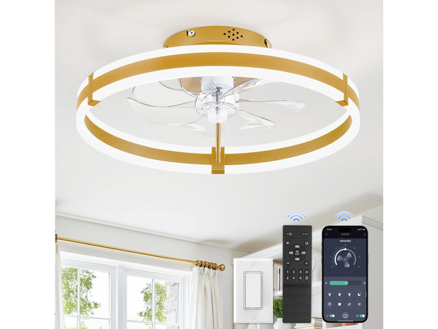 Ceiling Fans with Lights and Remote, 19.7'' Low Profile Ceiling Fan, 3000-6000K Dimmable Modern Flush Mount LED Fan Light, 6 Wind Speeds, Gold...