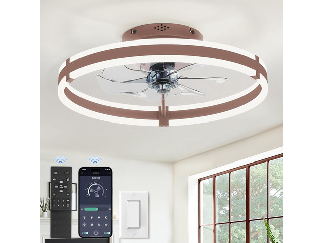 Ceiling Fans with Lights and Remote, 19.7'' Low Profile Ceiling Fan, 3000-6000K Dimmable Modern Flush Mount LED Fan Light, 6 Wind Speeds, Brown...