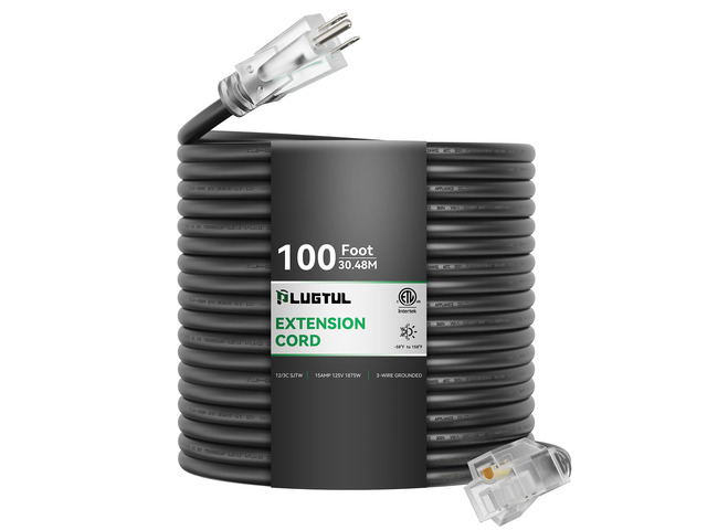 12 Gauge Extension Cord 100FT Outdoor Extension Cord with Lighted End, Heavy Duty,15A 1875W SJTW, ETL Listed, Great for Garden and Home, Black