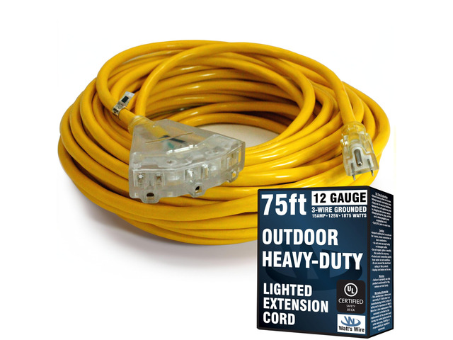 75 ft Outdoor Extension Cord - 12 Gauge Heavy Duty Extension Cord Multiple Outlets - Lighted Outdoor Extension Cords 75' Grounded