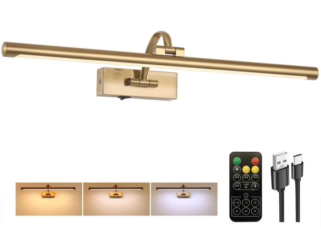 Picture Light Battery Operated with Remote, 3CCT Dimmable Picture Light for Paintings, Brass Rechargeable 24 inch Battery Operated Wall Sconce for...