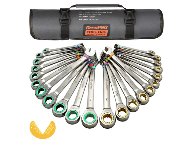23PCS Ratcheting Wrench Set SAE Metric Combination Mechanic Tools 1/4'-3/4'&6-18MM Bolt Gauge, Gray Nickel CR-V 72-Tooth 5-Degree Swing 12Pt Color...