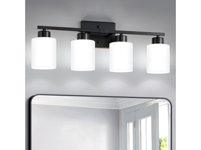 Black Bathroom Light Fixtures Vanity Lights Over Mirror Modern 4-Light Lighting Fixtures for Bathroom With Milky White Frosted Glass Shades, E26...