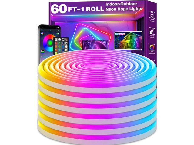 60Ft Neon Rope Lights,Flexible Led Rope Lights Control with App/Remote,Multiple Modes Music Sync Gaming RGB Led Neon Lights for Bedroom Outdoor