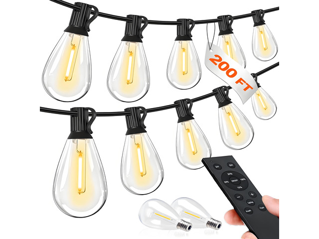 200FT LED Outdoor String Lights with Remote, 74+2 Shatterproof Bulbs Dimmable Timing 3 Light Modes Outside Patio Lights for Backyard Porch Deck...