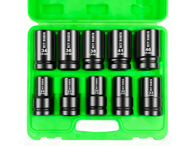 10 Pieces 1-Inch Drive Deep Impact Socket Set, 24mm, 27mm, 30mm, 32mm, 33mm, 34mm, 36mm, 38mm, 41mm,46mm CR-MO, Metric, 6-Point, Heavy Duty Wheel...