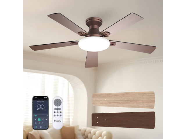 52 Inch Brown Low Profile Ceiling Fans with Lights and Remote Flush mount, 3-color dimmable light, quiet reversible DC motor, easy install, memory,...