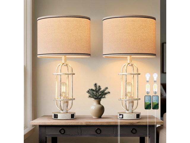 22.3 Vintage Table Lamps for Living Room Set of 2, Antique White Farmhouse Table Lamps for Bedroom, Bedside Lamps for Night Stands, Office, Dual...