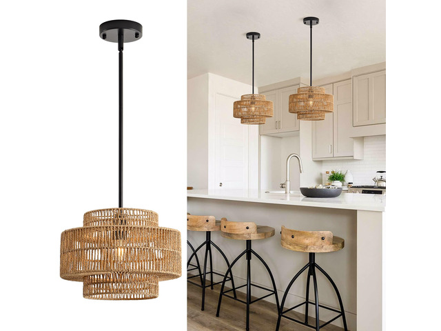 12.4' Rattan Pendant Light for Kitchen Island, Boho Chandelier 1-Light, Hand Woven, No Assembly, Black Hardware, Farmhouse Coastal Drum Wicker...