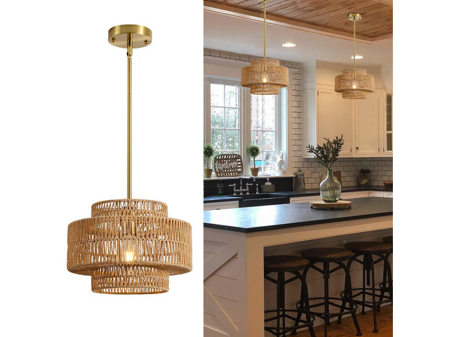 12.4' Rattan Pendant Light for Kitchen Island, Boho Chandelier 1-Light, Hand Woven, No Assembly, Gold Hardware, Farmhouse Coastal Drum Wicker Light...