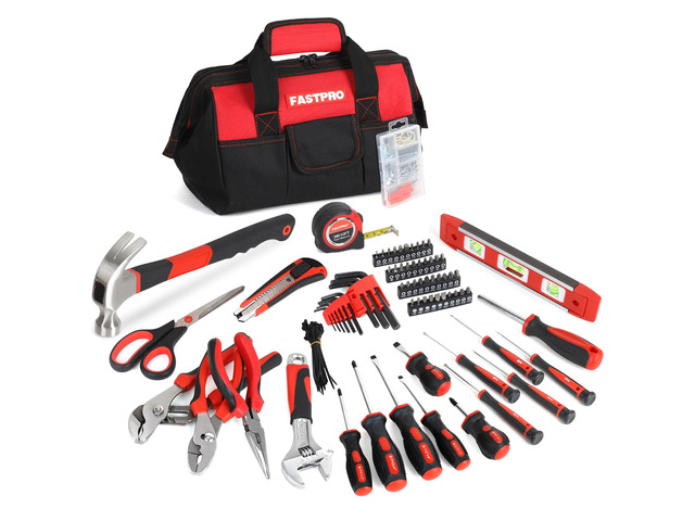 220-Piece Home Tool Set, Household Repairing Tool Kit, Red Included 12-Inch Wide Mouth Open Storage Tool Bag, For Beginners, For Home Repair and...