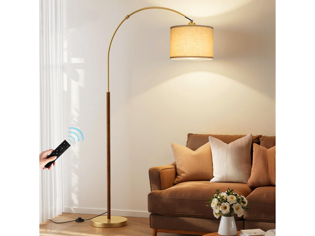 Dimmable Arc Floor Lamp with Remote, Color Temp Adjust, Woodgrain Rotating Head, Foot Switch & Remote, Arched Floor Lamp for Living Room Bedroom,...