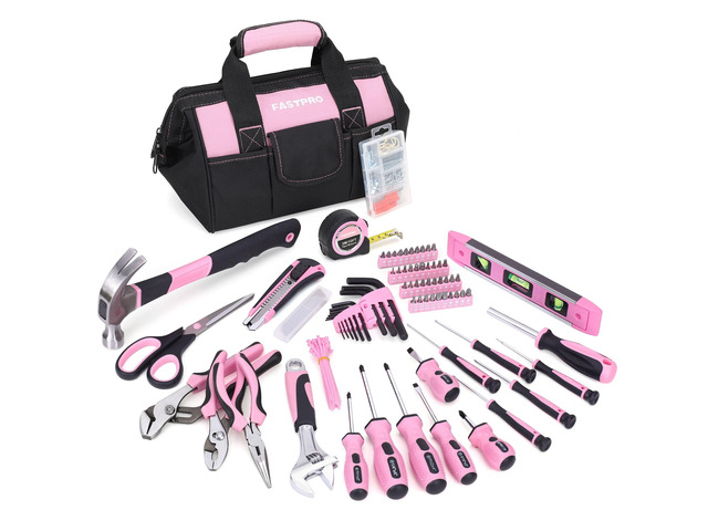 220-Piece Pink Tool Set, Home Repairing Tool Kit for Women Pink Tool Kit with 12-inch Wide Mouth Open Tool Bag, Tool Set for Women, Great for...