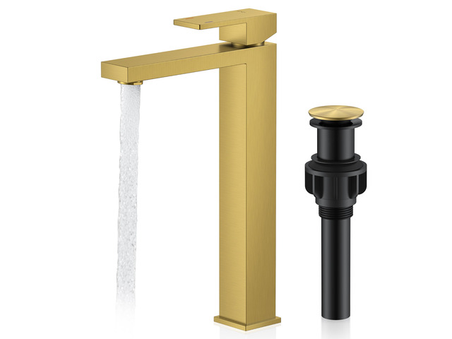 Brushed Gold Vessel Sink Faucet Single Hole Tall Bathroom Sink Faucet Vessel Bowl Faucet with Pop Up Drain & Supply Lines, Lead-Free cUPC & NSF...