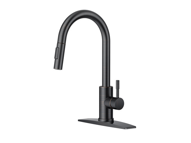 Kitchen Faucet with Pull Down Sprayer, Oil Rubbed Bronze High Arc No-Lead Stainless Steel Sink Faucet, Single Handle, Dual Mode, with 1 or 3 Holes...