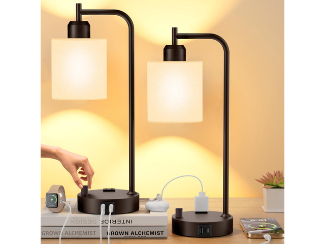 Industrial Table Lamps with Linen Shade, Set of 2 Fully Dimmable Bedside Lamps with USB A+C Ports and Outlet, Brown Nightstand Desk Lamps for...