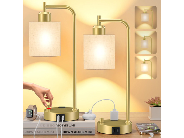 Industrial Table Lamps with Linen Shade, Set of 2 Fully Dimmable Bedside Lamps with USB A+C Ports and Outlet, Gold Nightstand Desk Lamps for...