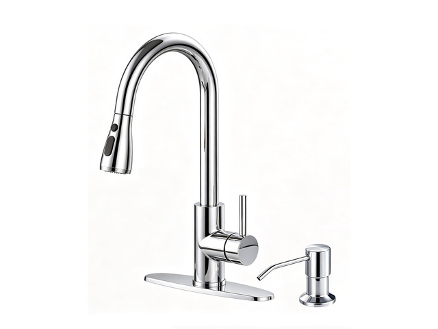 Kitchen Faucet with Pull Down Sprayer and Soap Dispenser, Chrome 304 Stainless Steel Single Handle with 3 Spray Modes, 18-Inch Hose, 10-Inch Deck...