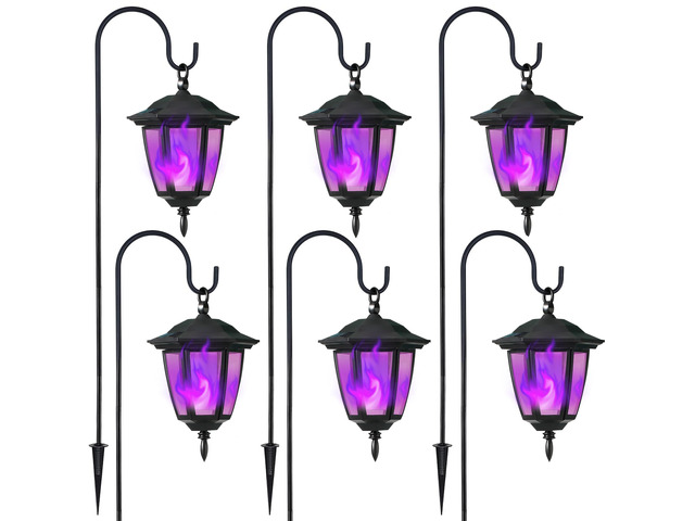 6 Pack Solar Halloween Flame Hanging Lights Outdoor, Flickering Flame LED Garden Lanterns with 4x38 Inch Shepherd Hooks, Landscape Lighting...
