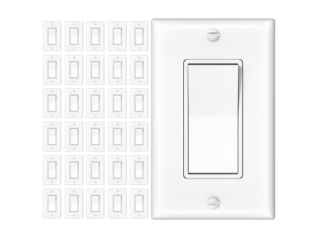30 Pack Single Pole & 3 Way Light Switches with Wall Plates UL Listed 120/277V On/Off Rocker Paddle Interrupter, Grounding Screw, Residential...