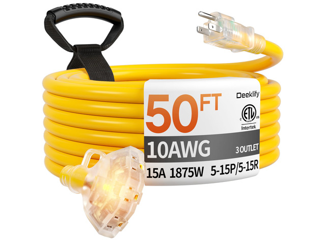 50FT 10 Gauge Extension Cord with Multiple Outlets Outdoor Yellow Heavy Duty 3 Outlet Extension Cord 50 Feet, Indicator, Yellow Flexible Waterproof...