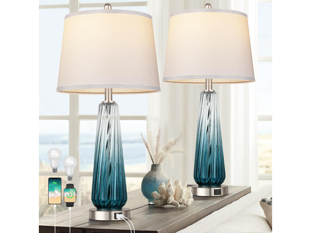 Table Lamps Set of 2 with Touch Control, Modern Glass Bedside Lamps with USB A+C Ports, 3-Way Dimmable Nightstand Lamp with White Fabric Shade,...