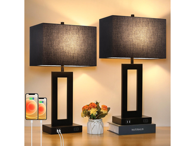 22' Black Modern Table Lamp Set of 2 with 2 USB Ports & AC Outlet 3 Way Dimmable, Touch Control, Black Fabric Shade, Desk Lamps for Living Room,...