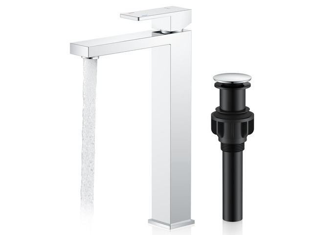 Chrome Vessel Sink Faucet 1 Handle, Tall Bathroom Sink Faucet 1 Hole Vessel Bowl Faucet with Pop Up Drain & Supply Lines, Lead-Free cUPC & NSF...