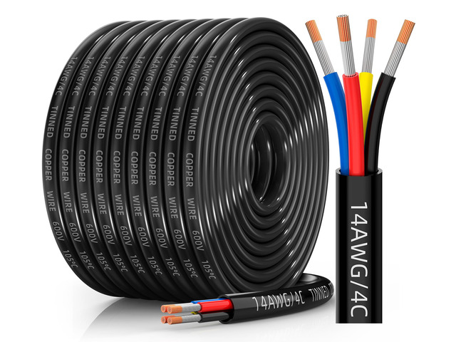 14 Gauge Wire, 14/4 Conductor Tinned Copper Electrical Wire, 50FT Flexible, Waterproof, Flame Retardant, Low Voltage 14 AWG Stranded PVC 4 Wire...