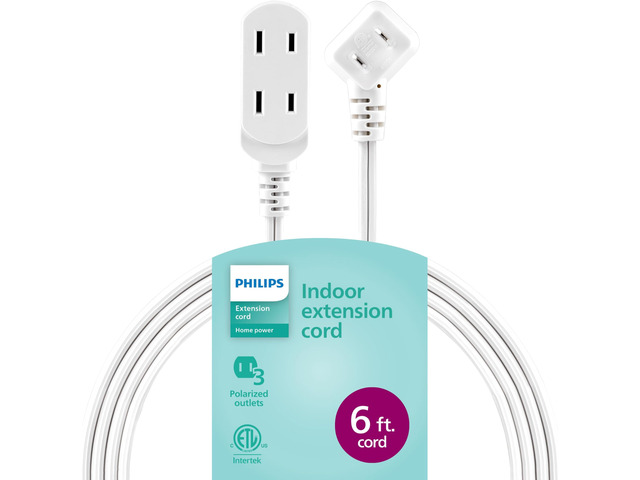 3-Outlet Flat Plug Extension Cord - 6 Ft, Indoor Use, Safety Slide, 2 Prong White, ETL Listed SPS3613W/37 (Pack of 12)