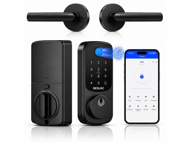 B200 Fingerprint Smart Lock with 2 Elegant Round Lever Handles 8-in-1 Unlock, Elegant Round Lever Design, Electronic Keypad Deadbolt, App Control,...