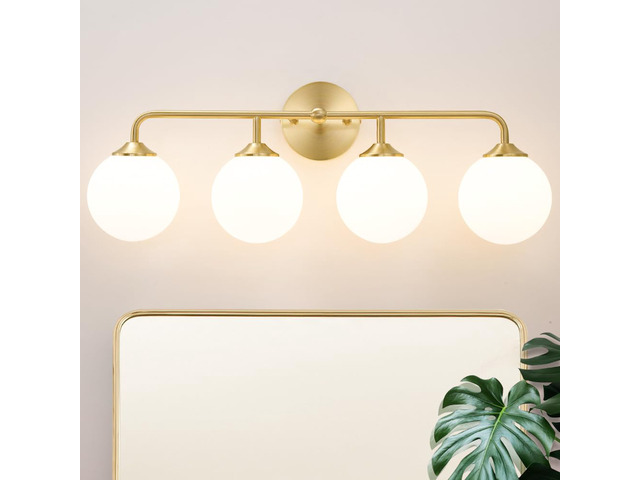 Modern Brushed Brass Bathroom Light Fixtures, Elegant Gold 4-Lights Vanity Light Fixtures, Milky White Globe Glass Shade Vanity Light over Mirror,...
