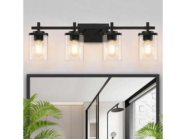 4-Lights Matte Black Bathroom Light Fixture, Modern Black Vanity Lights Over Mirror with Clear Glass Shade, Bathroom Wall Mounted Lamp for Mirror...