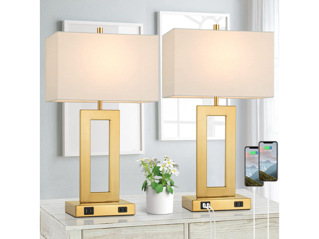 22' Gold Modern Table Lamp Set of 2 with 2 USB Ports & AC Outlet 3 Way Dimmable, Touch Control, White Fabric Shade, Bedside Desk Lamp for Living...