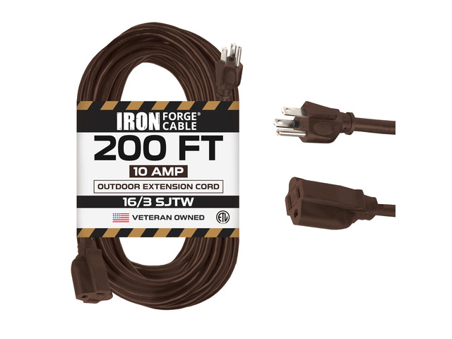 16 Gauge Heavy Duty Brown Extension Cord, 200 Ft - SJTW 16/3 SJTW Cable, 3 Prong Grounded Plug, 13 Amp - For Landscaping, Leaf Blowers, Lights,...