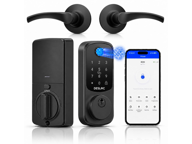 B200 Fingerprint Smart Lock with 2 Ergonomic Curved Handles 8-in-1 Unlock, Palm-Friendly Curve for Natural Comfort, ADA-Compliant Lever, App...