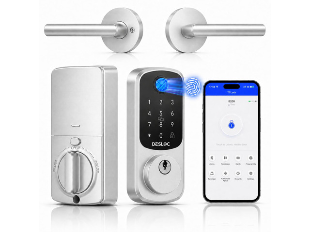 B200 Fingerprint Smart Lock with 2 Elegant Round Lever Handles 8-in-1 Unlock, Elegant Round Lever Design, Electronic Keypad Deadbolt, App Control,...