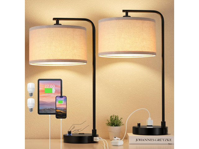 Bedside Lamps Set of 2, Fully Dimmable Lamps for Night Stands, USB A+C Modern, Linen Lampshade, USB Port and Outlet, Tall Desk Lamps for Bedroom,...