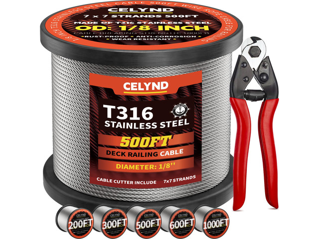 Stainless Steel Cable for Railing - 500FT 1/8' T316 Wire Rope Cable 7x7 Strands with Cutter for Deck Railings System Kit
