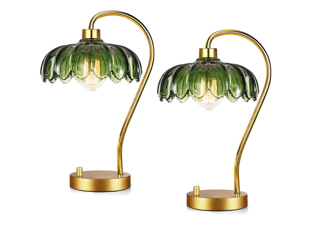 Flower Table Lamp Set of 2,Small Gold Bedside Lamps Dimmable Boho Bedroom Lamp with Glass Green Lamp Shade,Vintage Mid Century Modern Mini...