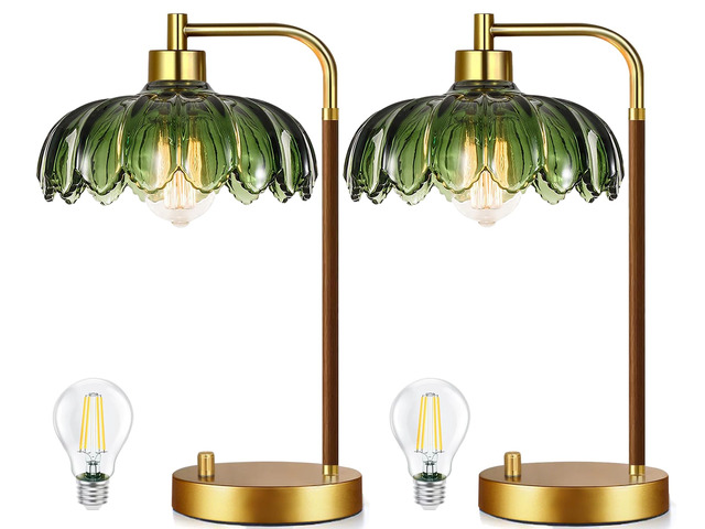 Vintage Table Lamp Set of 2 for Bedroom Living Room,Small Bedside Lamps Dimmable Boho Bedroom Lamp with Glass Green Flower LampShade,Mid Century...