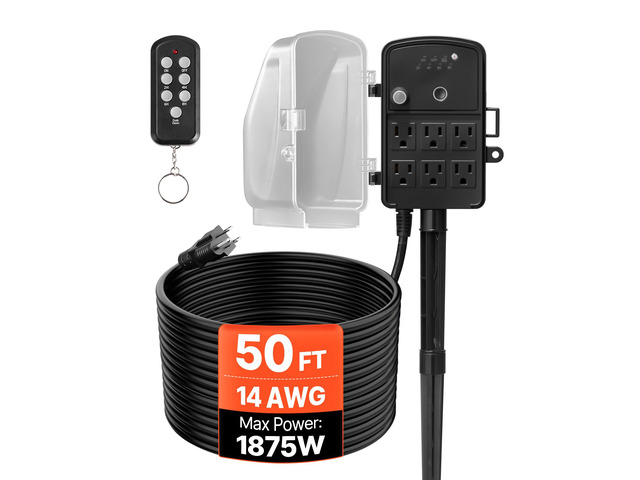 Outdoor Power Stake Timer, 50FT Extension Cord, Remote Control Outdoor Power Strip with Cover, Dusk to Dawn Light Timer Waterproof, 6 Outlets for...