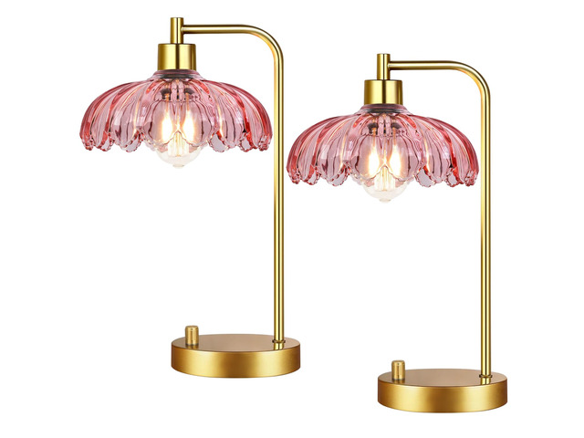 Pink Table Lamp Set of 2,Small Gold Bedside Lamps Dimmable Boho Bedroom Lamp with Tulip Flower Glass Lamp Shade,Vintage Mid Century Modern Mini...
