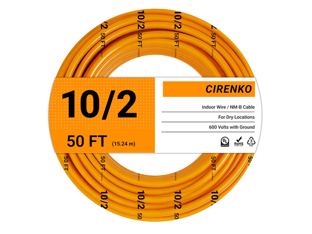 10/2 NM-B Cable 50 FT, UL Listed 10 Gauge Indoor Wire with Ground Solid Bare Copper, No CCA, 2 Conductors Plus Ground, Durable Orange NM-B Jacket,...