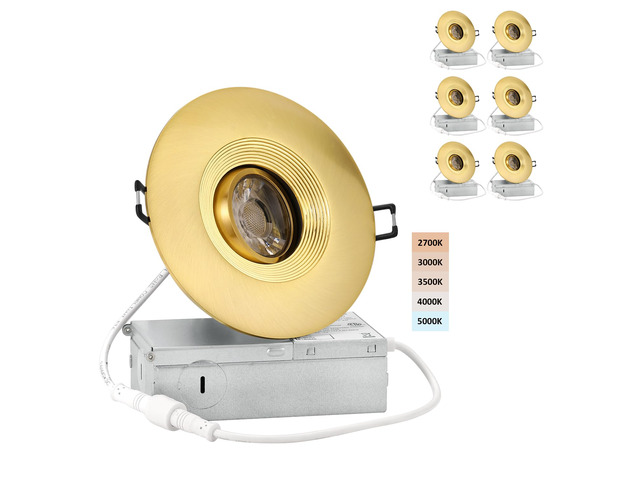 4 Inch Gimbal LED Recessed Lights 6 Pack, Adjustable Downlight, Gold Baffle,Anti-dazzle,8W 851LM,Premium Canless Spotlight,5CCT 2700K-5000K,5-100%...